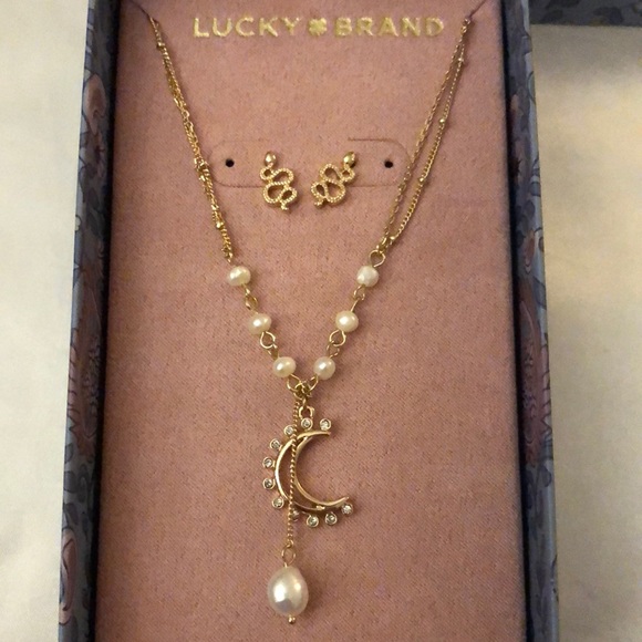 Lucky Brand Gold Tone Snake Stud Earrings & Moon Lariat Necklace NWT & Box - Picture 4 of 15